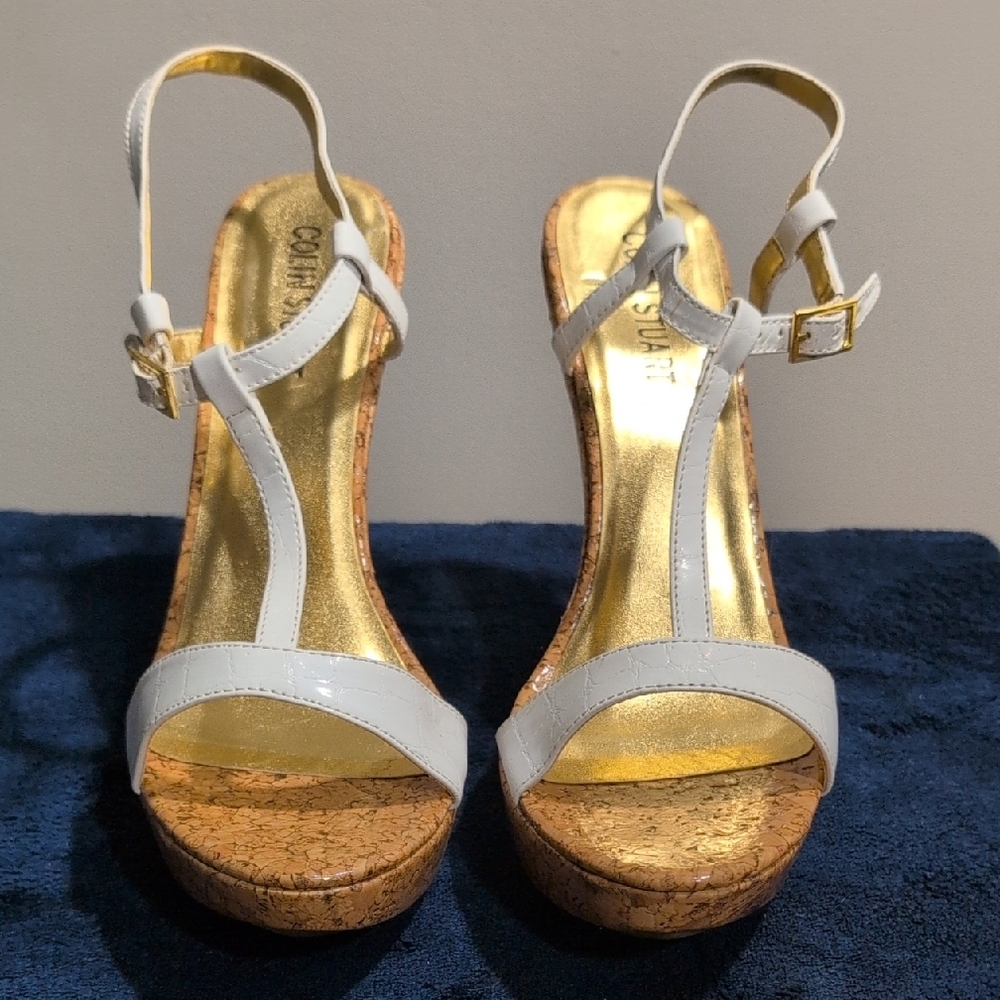 Gold and White Platform Sandals with Cork Wedge